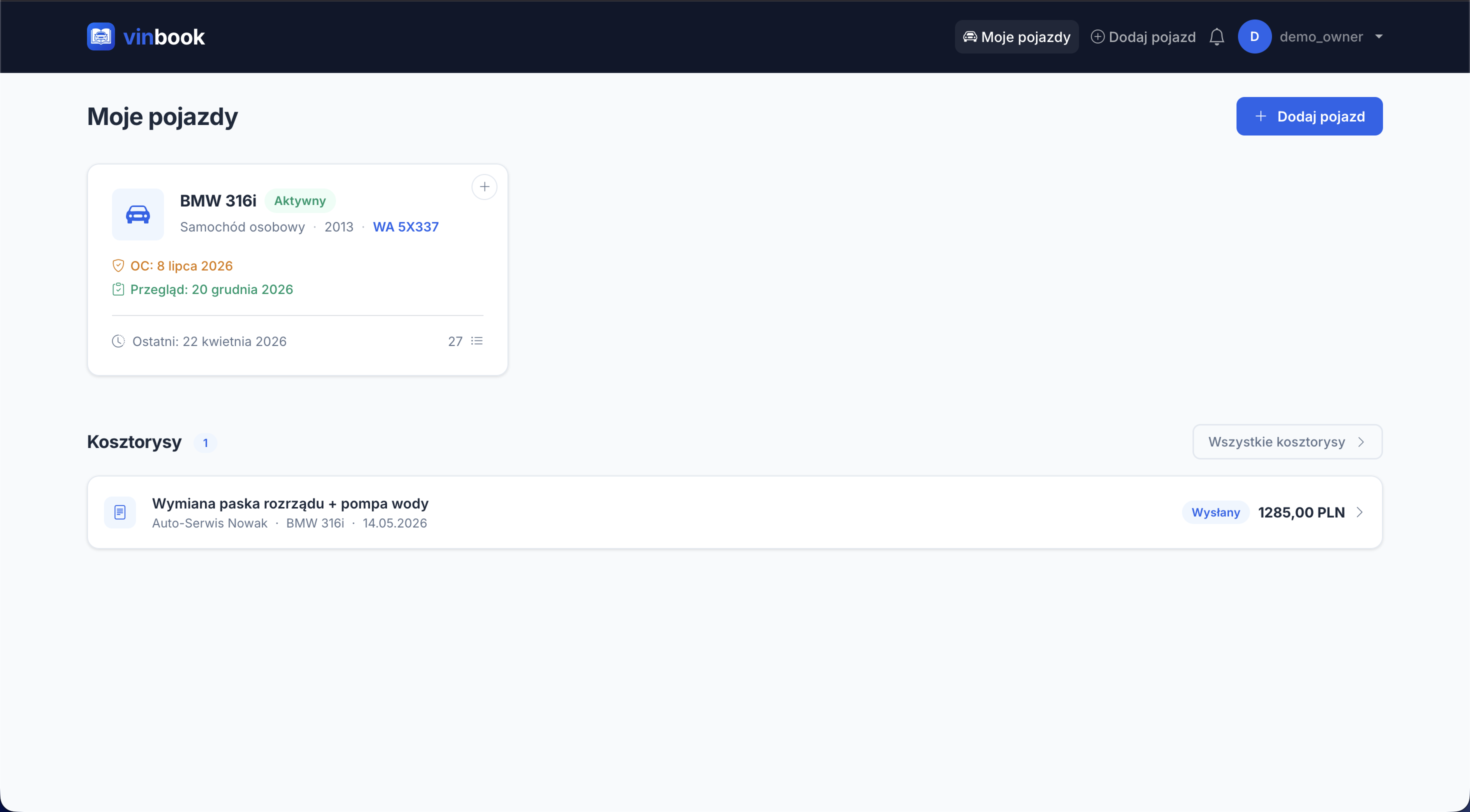 Centrum pojazdu — dashboard VinBook