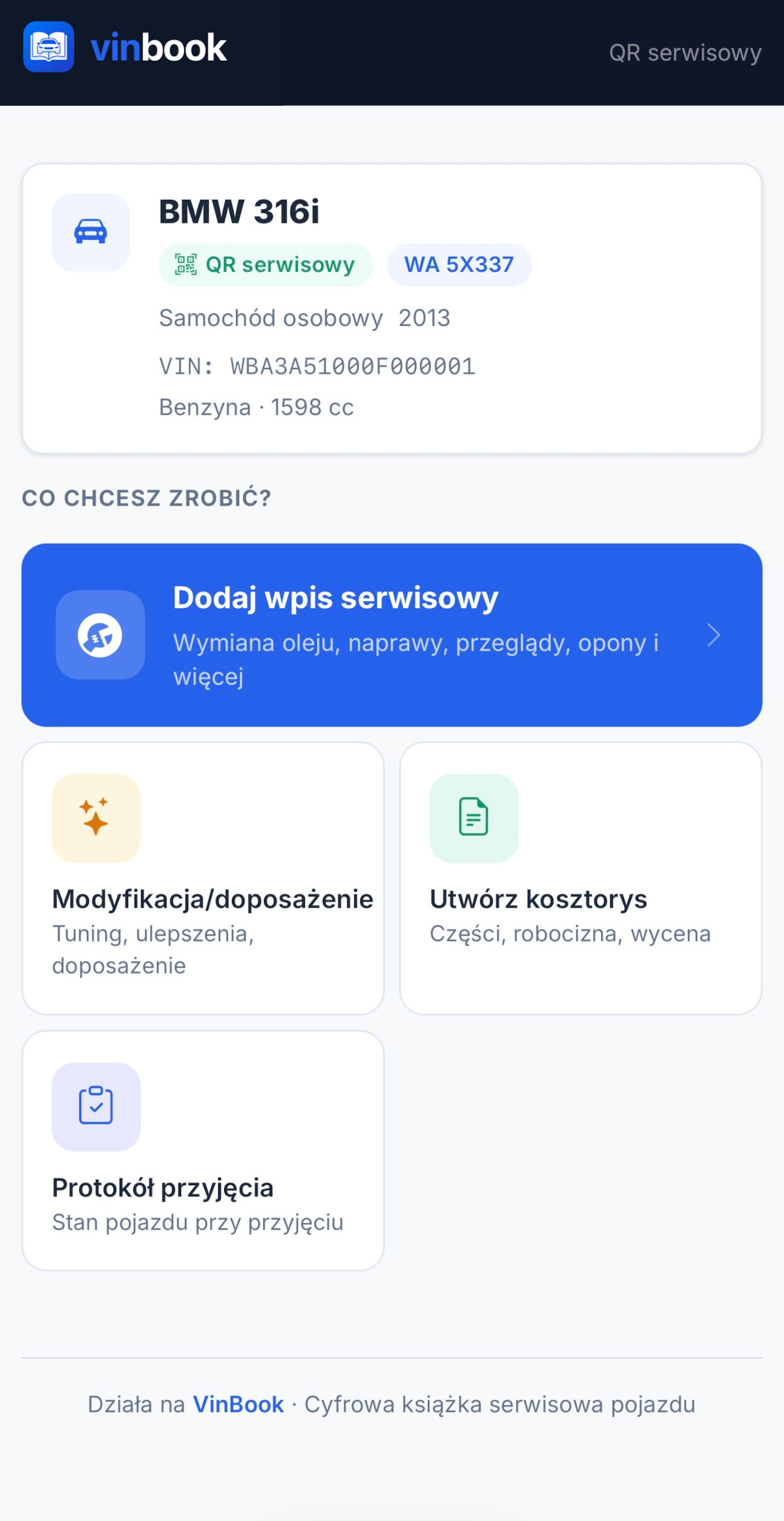 Publiczny widok QR — historia pojazdu dla mechanika lub kupującego