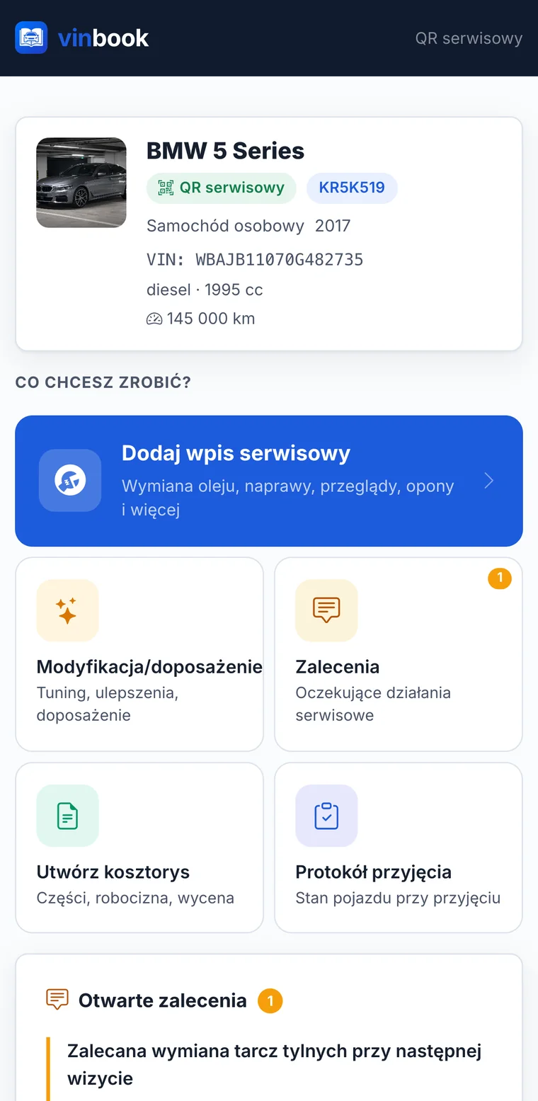 Historia pojazdu widoczna po zeskanowaniu QR