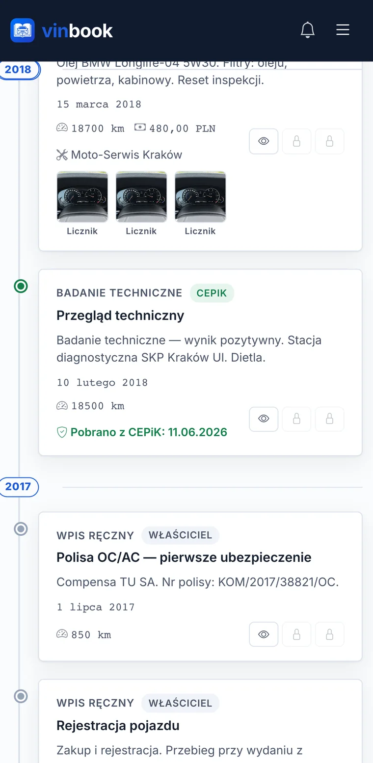 Oś czasu historii serwisowej na telefonie